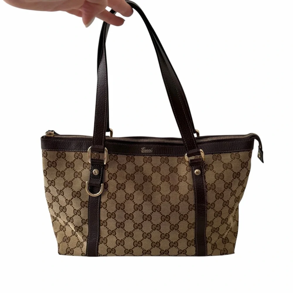 Gucci GG Canvas Abbey Monogram Tote D-Ring Shoulder Leather Handbag Purse Bag - Picture 2 of 16